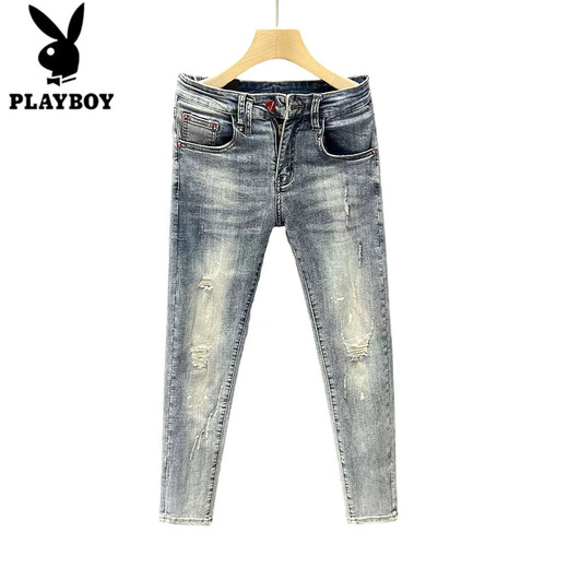 Playboy (Playboy) zerrissen Jeans Herrenmarke 2025 Sommer Dünn Schlanker Fit Small Feet Elastic und gutaussehende vielseitige, lässige neun-Punkte-Hosen 9759 Retro Blue 28