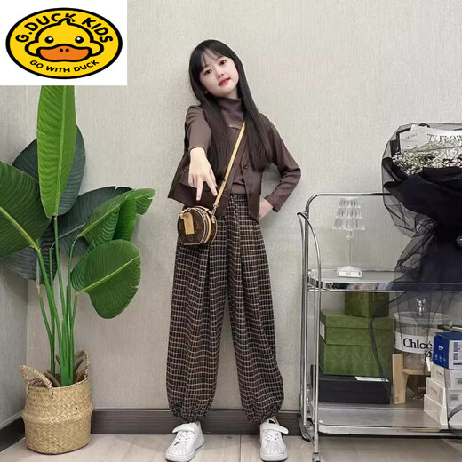 G.duck bombs the street parent-child clothing, mother and daughter clothing, spring and autumn loose-fitting suits, stylish vest, bottoming shirt, T-shirt, plaid pants, three-piece trendy vest + bottoming shirt + pants 165 Adult S size recommended weight 98-110 Jin Jin is equal to 0.5 kg Left
