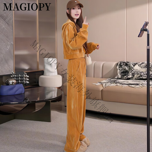 MAGIOPY国际奢侈高档品牌多巴胺休闲运动套装女春季2025新款洋气丝绒短款 桔色两件套 S(100斤以内)