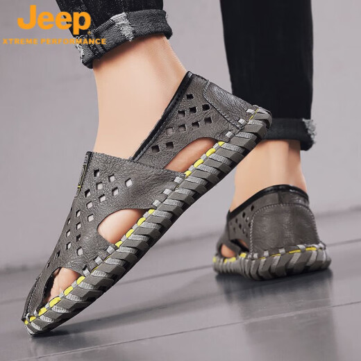 吉普（JEEP）凉鞋男士2025年新款潮外穿越南包头凉鞋真皮沙滩凉拖开车拖鞋夏天 12033黑色 鸿运 39