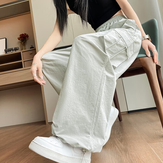 【明星同款】蕾丝条条速干工装裤女2025夏季薄款多颜色宽松直筒裤 浅灰 L 【110-120斤】