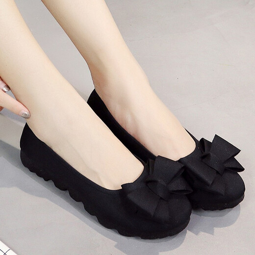 Jingrui Old Peking Stoffschuhe Frauenschuhe Single Schuhe flache Nicht-Schlupf-Arbeitsschuhe Koreanische Version VERSATILE Hotelschuhe Schwarz 16-92 37
