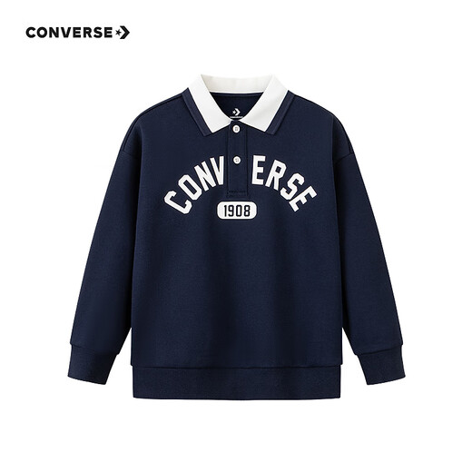 Converse Converse long-sleeved polo shirt for boys and girls 2025 new autumn retro printed children's loose and breathable top Navy blue 130/64 Recommended height 116-122cm