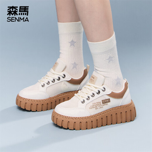 森馬网面鞋女鞋休闲鞋低帮板鞋2025新款夏季百搭增高运动鞋透气小白鞋 米黄色 37