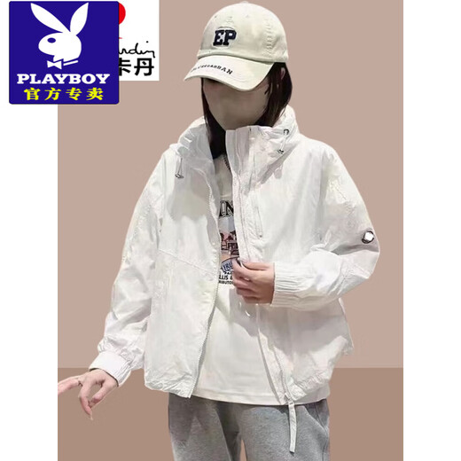 
Playboy (PLAYBOY) 2025 Spring and Autumn New Women's Short Jacket Small Casual Short Shot Jacket Hooded Double Zipper Top White L (Suggested 100 Jin [Jin equals 0.5 kg]-115 Jin [Jin equals 0.5 kg])