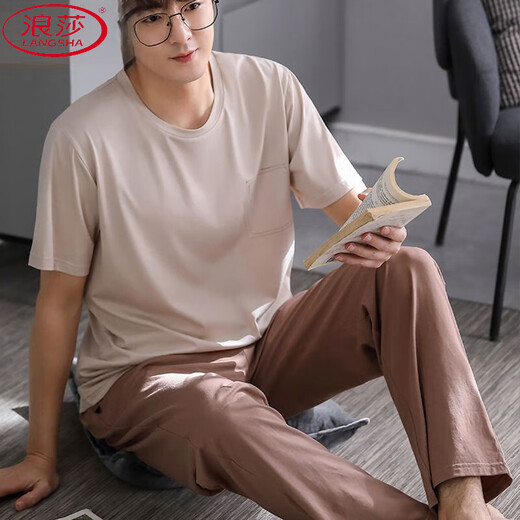 浪莎（LangSha）柔软莫代尔棉睡衣男夏装新款短袖长裤薄款冰丝凉感男款家居服套装 AGF2687短长男 5XL 【200-220斤】
