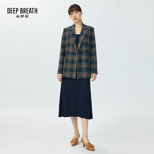 DEEP BREATH 20% off Women's Double Breasted Waist Vintage Plaid Suit Jacket A400670 Green Orange Plaid M (size 3)