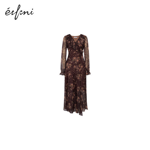 Evely looks slim and slanted silk style V-neck ruffle front slit design versatile dress 2025 autumn new style autumn dye brown M 105-115Jin [Jin equals 0.5 kg]