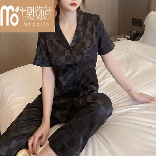 Modal Ice Seide Pyjamas für Frauen im Frühling und Herbst zweiteilig dünne Sommer-Heimkleidung mit 829-weißer Plaid [Langarmhose] M [80-100jin [Jin ist gleich 0,5 kg]]]