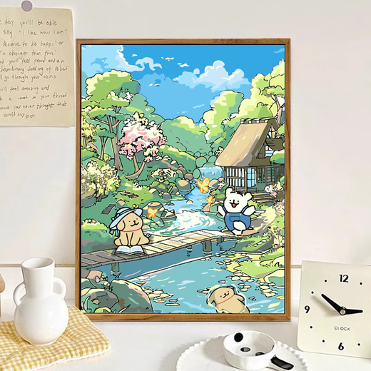 Yonghuan Lines Puppy Digital Oil Painting DIY Healing Cartoon Children's Hand Drawn Filling Color Oil Painting LL13881 20x30cm Thick solid wood inner frame Acrylic paint professional oil canvas Multiple professional brush wall hanging tools