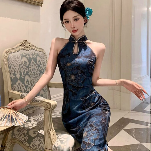 Feiyao cheongsam new Chinese style national style satin print improved cheongsam sleeveless slim waist sexy dress long skirt dark blue S length 105cm, bust 80cm