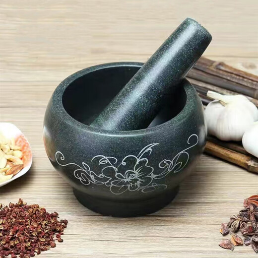 Jiaqi household natural bluestone stone mortar, garlic mortar, garlic pounder, medicine jar, stone cup, pounder, baby food supplement, outer diameter 12CM with hammer