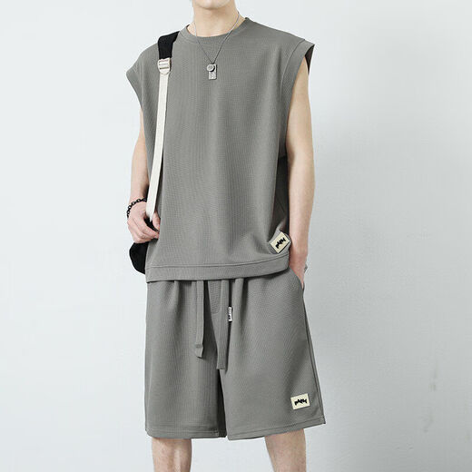 Brangdy2025 new summer boy casual sports suit trendy versatile handsome young man handsome set 5155 black L