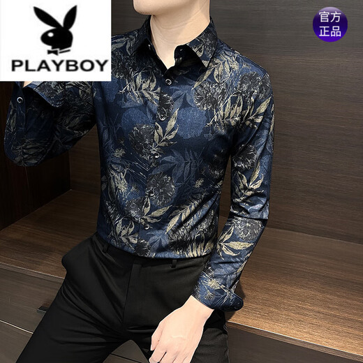 Playboy (Playboy) Мужская цветочная рубашка с коротким рукавом летняя мужская одежда 2025 Новая летняя ледяная шелковая психическая психическая печатная цветочная рубашка Men Blue 9885 M [Предлагается 115JIN [JIN равно 0,5 кг]]]