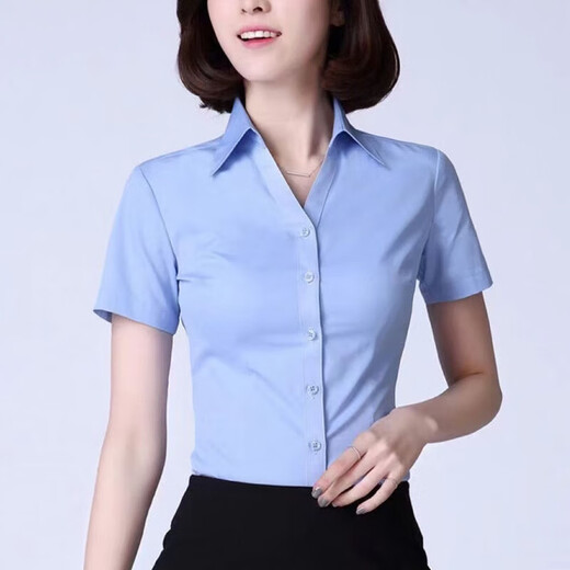 
Short-sleeved white shirt for women's formal wear in summer new commuter slim work clothes for professional women's clothing OL shirt slim workwear 6213 [High-quality short-sleeved] Pure blue V-neck 4XL (recommended 140-150Jin [Jin equals 0.5 kg])