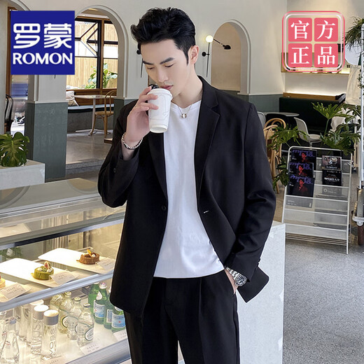 Romon (Romon) Traje casual guapo para hombres en primavera y otoño, estilo ligero y maduro, chaqueta de traje cayendo y versátil para hombres, traje de alta gama de Internet Celebridades de alta gama + pantalones de nueve puntos (set de 2 piezas) (90-jin [Jin equivale a 0.5 kg])