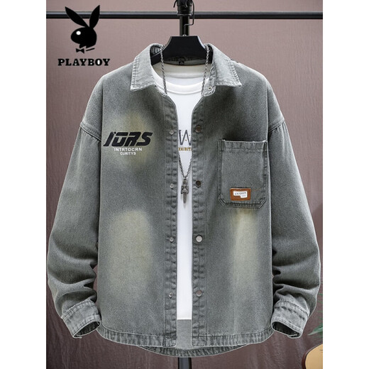 
Playboy (PLAYBOY) denim jacket spring and autumn new style junior high school boy teenagers men's handsome college jacket shirt top 9207 black (hat removable) M (90-105Jin [Jin equals about 0.5 kg])