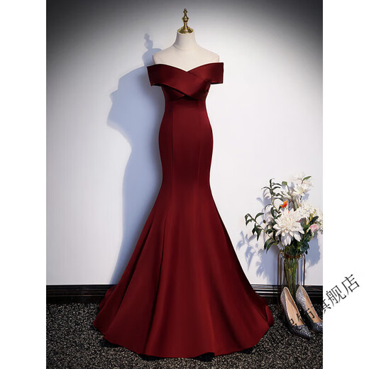 Zhenji burgundy fishtail evening dress female bel canto solo vocal art test toast annual meeting host one-shoulder light wedding dress burgundy M