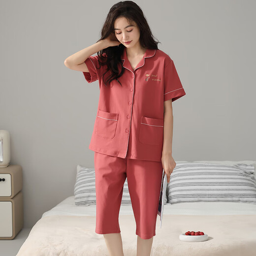 
Yalu middle-aged and elderly mother pajamas for women in summer pure cotton short-sleeved cropped pants casual cardigan home clothing two-piece set thin N9893 M 80-100Jin [Jin equals 0.5 kg]