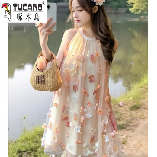 啄木鸟（TUCANO）花朵挂脖连衣裙女气质名媛夏季新款温柔风法式露肩小个子超仙短裙 花朵连衣裙6629 S