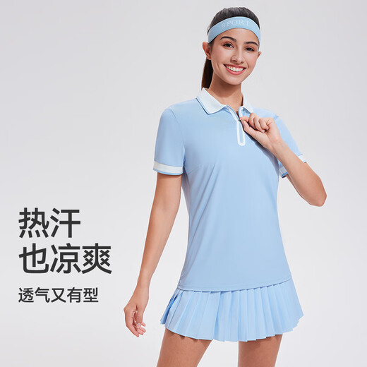 科里芙（cosleaf）运动套装女夏季翻领T恤显瘦透气健身服跑步套装气质网球服两件套 清风蓝拼白两件套 L (建议105-115斤)
