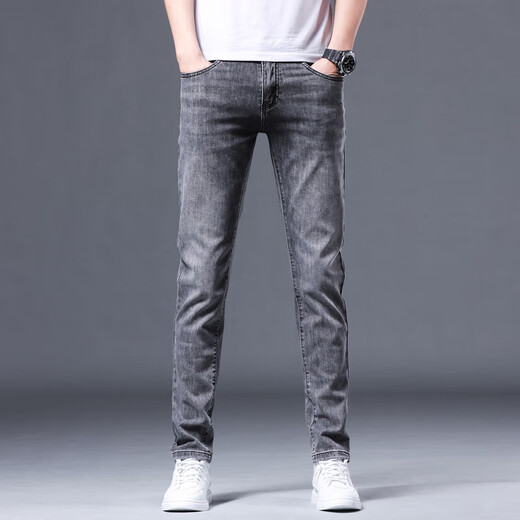 Lilang High-End Hong Kong Sommer Rauch grau Jeans Männer schlanke Füße Trendy Brand Elastizität Casual Hosen koreanischer Stil Trend BML1049 Rauchgrau 28