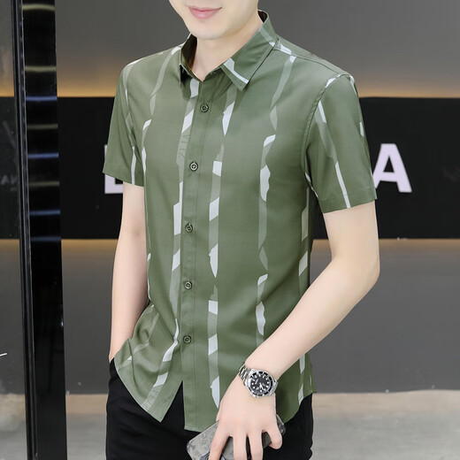 Siete lobos de la nueva camisa de manga corta de 2025 de 2025 hombres de verano, guapo guapo de alta gama de hilo de alta pulgada, ropa delgada fría 7027 negro m 90-110jin [Jin iguala 0.5 kg]