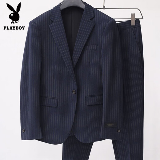 Playboy (PLAYBOY) striped suit suit men's business formal two-piece suit British trend Korean version slim small suit professional dress navy blue double-breasted suit + trousers S /46