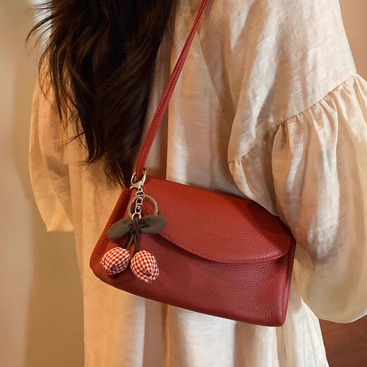 Nanfeng Chio2nd echtes Leder-Leder-Kuhläden-Wolken-Mousse kleine Quadratbeutel für Frauenbeutel Litschee Muster Pendler Frauen One-Shoulder Crossbody Bag Cherry Red [Send Rosenanhänger]