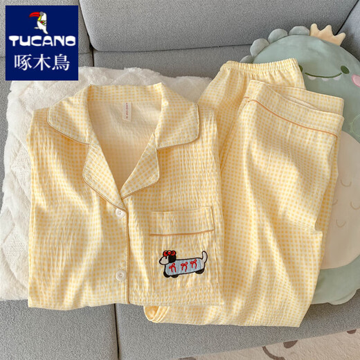 啄木鸟腊肠狗睡衣女款2025新款夏季纯棉纱布短袖三件套装开衫棉绸家居服 云朵棉-9902#星星KT猫三件套 M 【建议75-100斤】