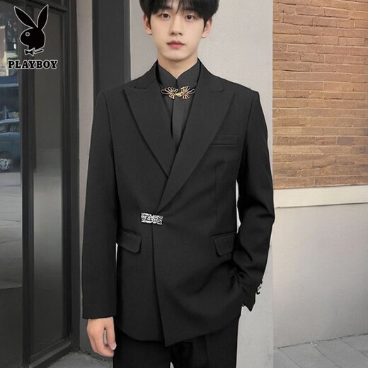 Playboy (PLAYBOY) star's same style new Chinese suit men's loose suit engagement groom wedding suit suit Tang suit Chinese tunic suit black suit + white shirt + black trousers 2XL collection store fast delivery