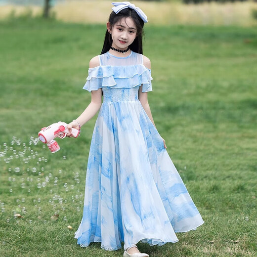 Girls Dress Summer 2026 New Style Fashionable Thin Princess Skirt Girls Middle and Large Children Chiffon Long Skirt 101 Blue Free Pearl Headband + Clavicle Chain 160 Recommended 68-78Jin Jin is equal to 0.5 kg