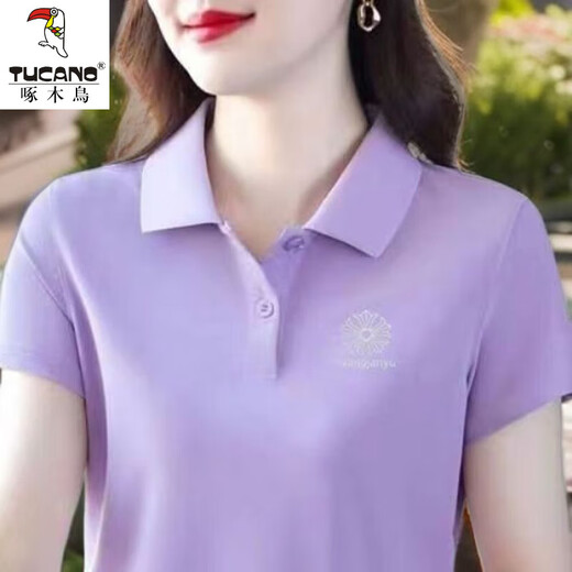 啄木鸟休闲polo衫短袖T恤女夏季新款中年妈妈装宽松大尺码显瘦翻领上衣 YC-6629玫红色 M 【建议85-100斤】