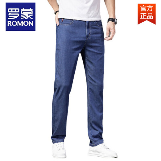 罗蒙（ROMON）冰丝莱赛尔高端男士牛仔裤夏季薄款直筒宽松长裤弹力休闲裤子 FXX 9767中蓝色 38