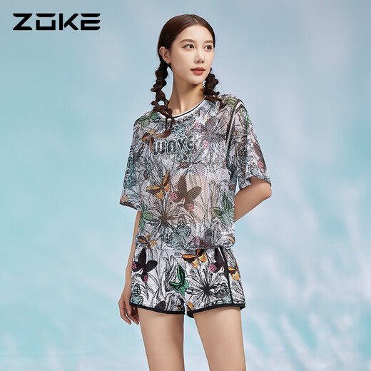 Chauke women's three-piece swimsuit sun protection split-length pants slim new conservative swimsuit white base pink green gray flower M