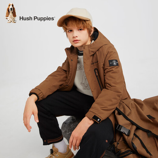 Hush Puppies children's clothing boys' three-proof plus velvet windbreaker autumn and winter children's warm outdoor thick coat mocha brown 160