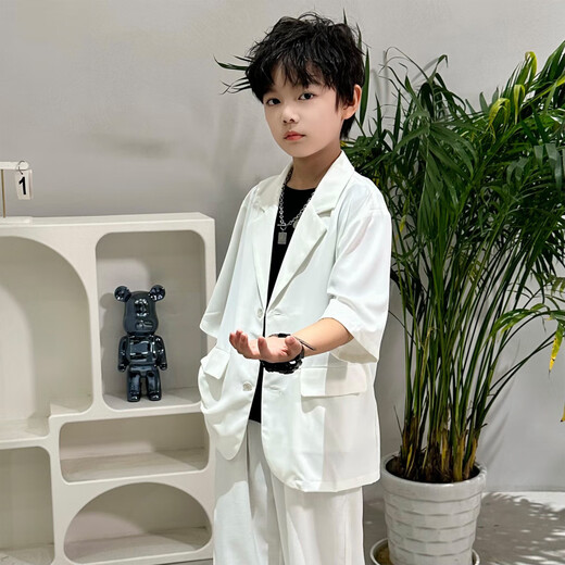 Burwilde international brand Elephant Dad children's clothing cool short-sleeved trousers suit 2025 summer high-end handsome middle-aged and older children's suit white top + pants two-piece set 150 (recommended height 141-150cm)