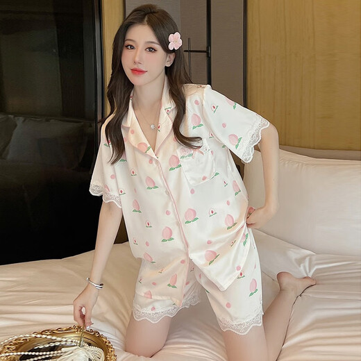 Victorias Stil Sommerpyjamas für Frauen Ice Seiden kurzärmelige Hosen süße und süße Pfirsich Sommer dünne zweiteilige Anzug YX#9905 Kurzärärmelhosen M (Empfohlen 75-95jin [Jin gleich 0,5 kg]))