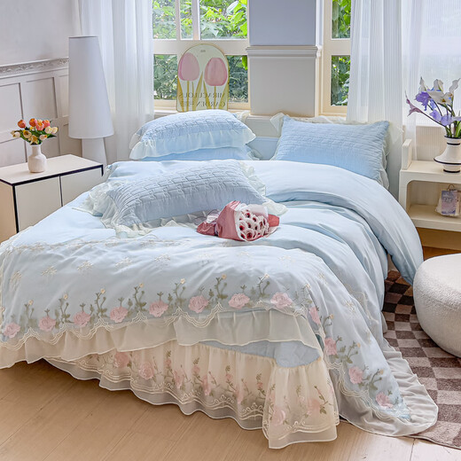 Fu丨Anna French light luxury princess style cotton four-piece set 2025 new chiffon lace embroidered quilt cover Huali-Baby Blue bed sheet style 1.8m bed cover four-piece quilt cover 200*2