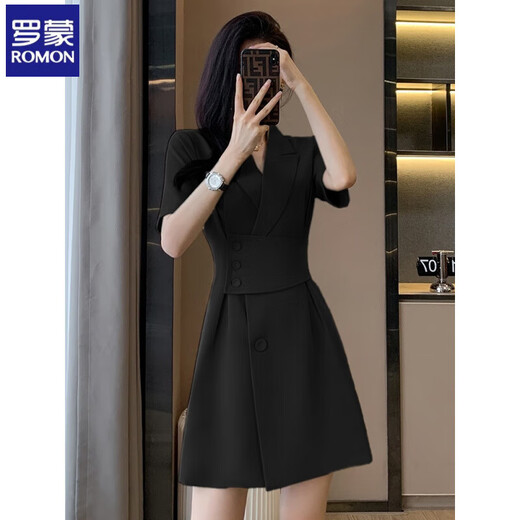 罗蒙黑色西装连衣裙女短袖工作服气质休闲2025新款美容珠宝店职业裙夏 白色【达人推荐】 S 【建议80-95斤】