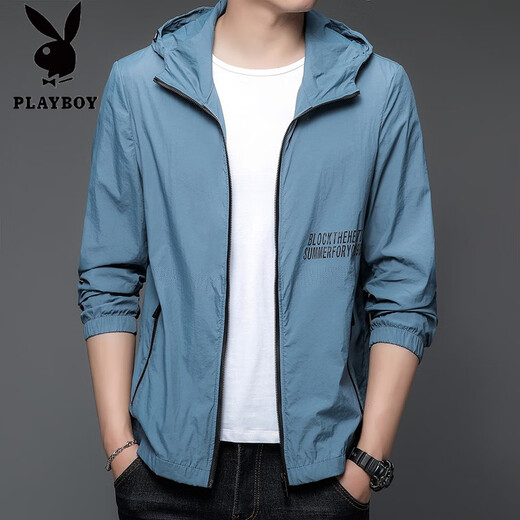 Playboy Sun Protection Ropa para hombres en verano delgado al aire libre Seda con capucha con capucha cómoda ropa de protección solar transpirable para hombres con chaqueta de hombres N9928 Mist Blue M 170 105-120Jin [Jin iguala 0.5 kg]