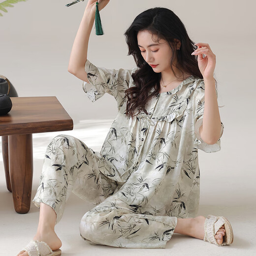 Modal Pyjamas für Frauen im Sommer, Tianshi Baumwolle kurzärmelige, geschnittene Hosen Strickjacke losen dünnen Tupfen lässiger, zufälliger Home-Kleidungsstück 1342 M 80-100jin [Jin gleich 0,5 kg]