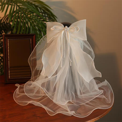 Er Jiagong Braut Kopfschmuck auf der Flucht Prinzessin Hochzeitskleidempfänger Registrierung Veil Dopple Wrinkle Bow Hochzeit Haarzubehör 6624 Veil (Entenbill Clip) unter 60 cm
