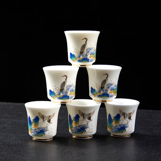 Xianjuren high-end gold silk enamel complete set of Kung Fu tea set thin body mutton fat jade white porcelain tureen tea cup set light luxury gift box Haiwen Crane Tea Ceremony Gift Pack 15 pieces