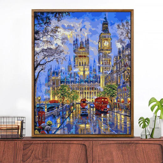 接运猫高难度钢琴世家数字油画diy手工填色绘画礼物华灯初上客厅 ZL679日本茶屋 40*50送外框(黑白金)颜色备注 单独
