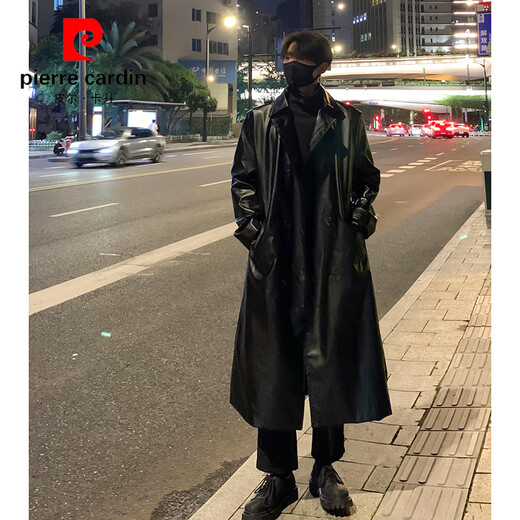 Pierre Cardin Maillard wears pu leather windbreaker men's handsome high-end double-breasted coat mid-length over-the-knee waisted coat black S