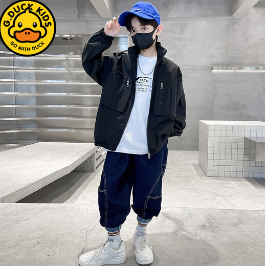 G.duck Boys' Autumn Jacket Plus Velvet Charge 2025 New Big Children's Spring and Autumn Casual Jacket Top Street Children's Clothing Black Cotton Style 110 cm