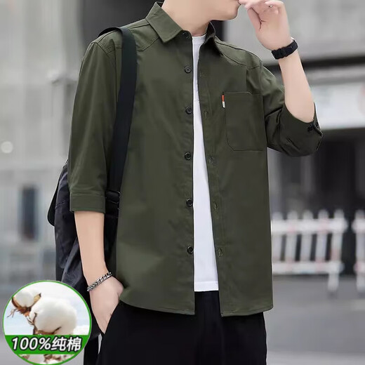 Hengyuanxiang Sommer 7-Viertel-Ärmel-Hemd Herren-Hemd für Pure Cotton Shirt Herren-großer trendiger lässiger Arbeitshemd Jacke Herren Kleidung Q6626 7-Viertel-Hülle 2 Stücke [schwarz + schwarz] m