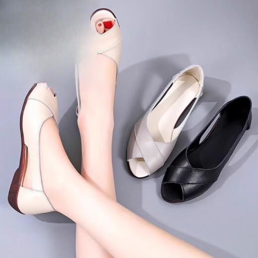 Belle-Tread Marke Weiche Ledersandalen für Frauen tragen Sommer Mutterschuhe, Keil weicher Sohle großer Fischschuhe Mundschuhe bequeme und ältere Frauen grau 40