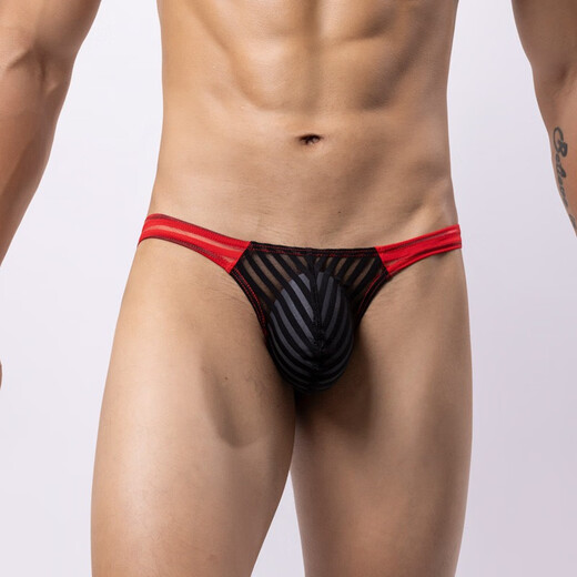 Men's low-waist underwear men's thong sexy transparent striped bikini color matching fitness gay sports muscle male 0 red and black (excluding cover) 1 piece